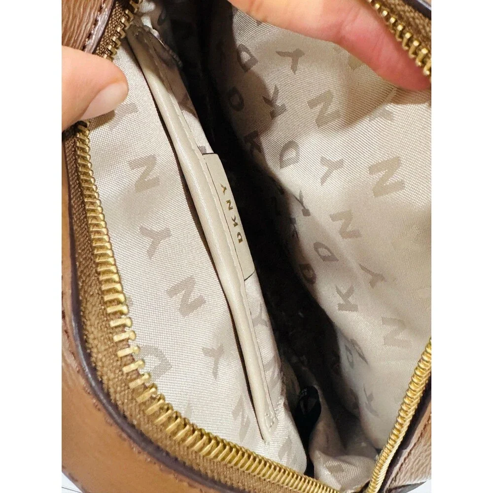 Dkny Round Brown Faux Leather Logo Printed Crossbody Bag Shoulder Purse